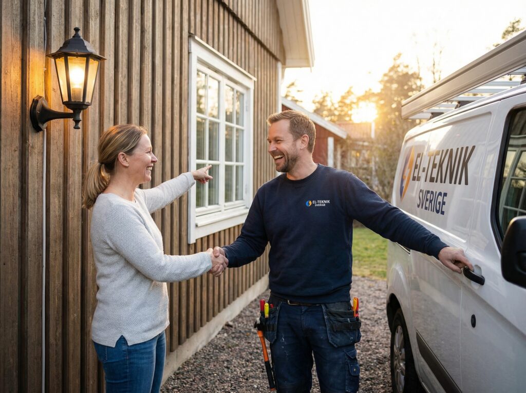 elektriker och kund skakar hand efter avslutat arbete i Perstorp