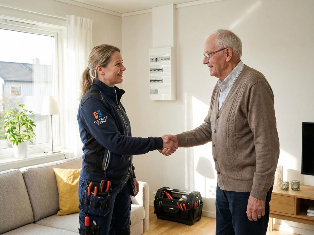 kvinnlig elektriker skakar hand med en nöjd kund i Perstorp
